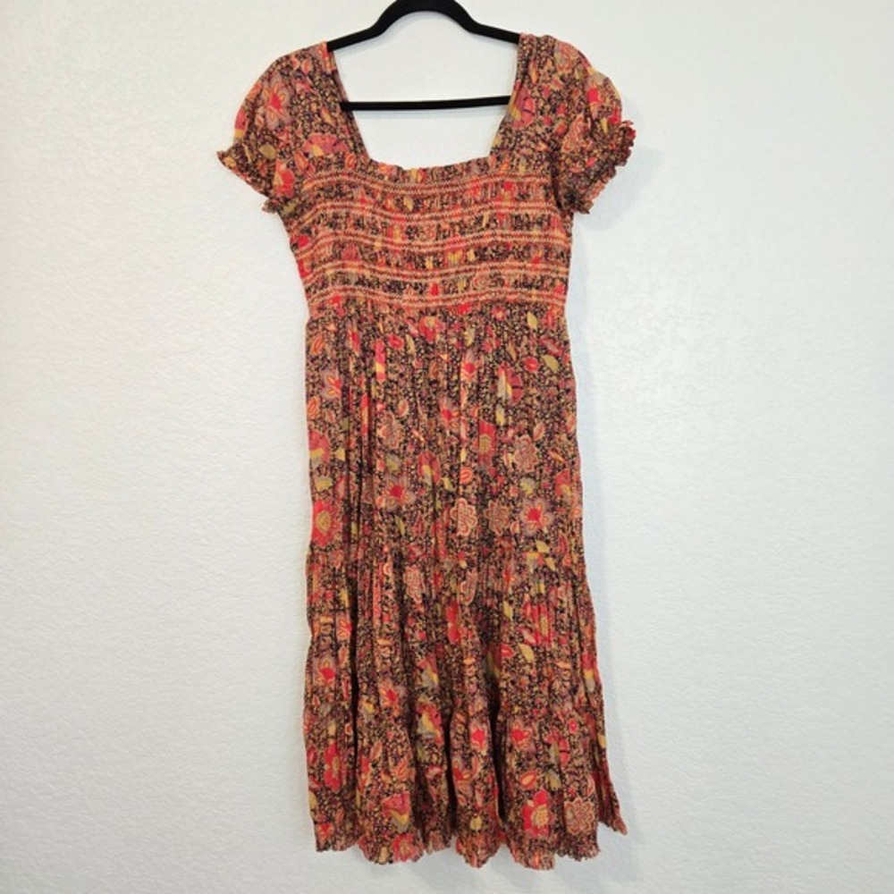 Free People M Getaway Smocked Square‎ Neck Tiered Midi Dress Floral Red